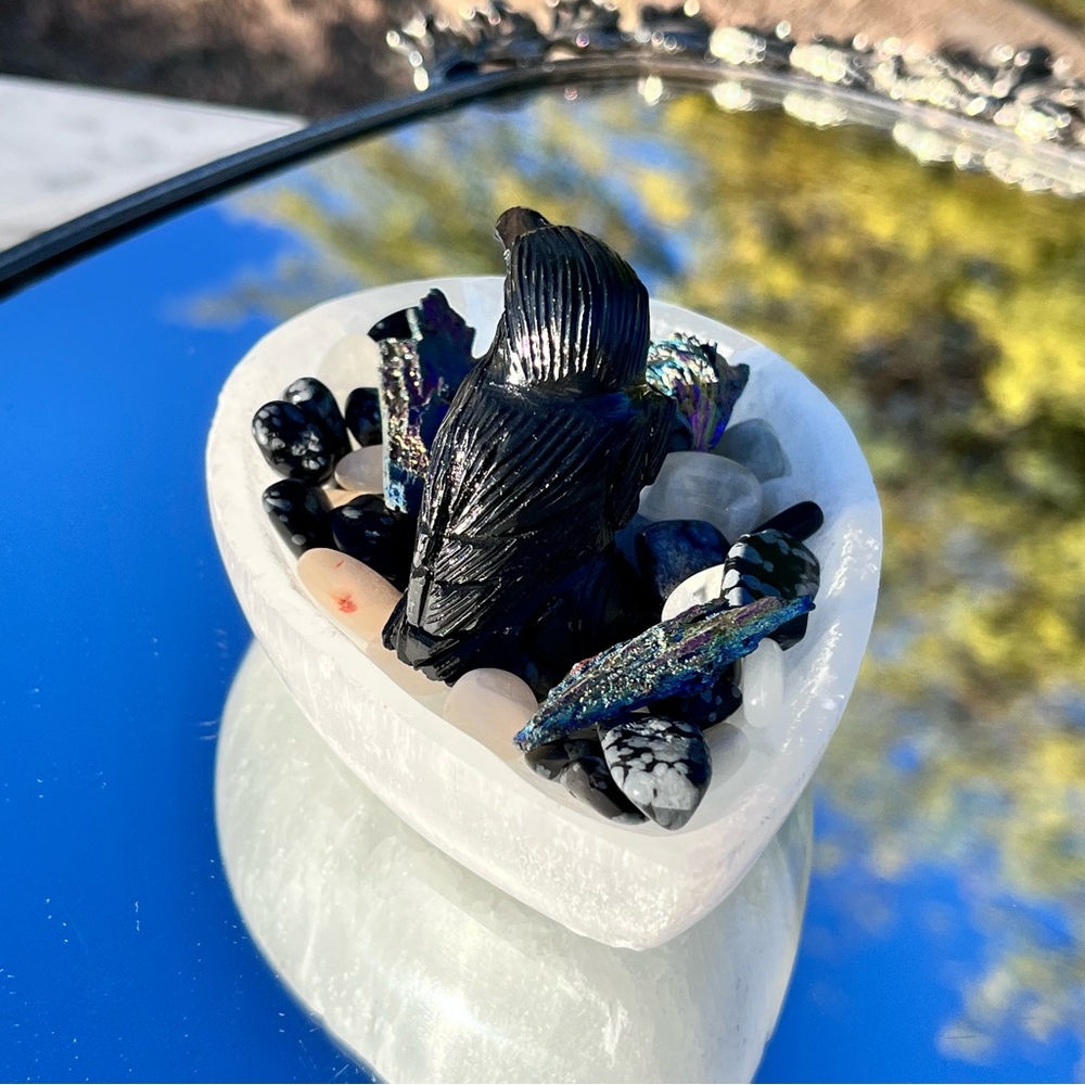 Black Obsidian Raven / Crow, Selenite Teardrop Bowl, Snowflake Obsidian Kyanite - Picture 8 of 15